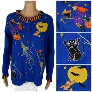 The Quacker Factory Womens Small Halloween Cardigan Sweater Witch Cat Bats Blue
